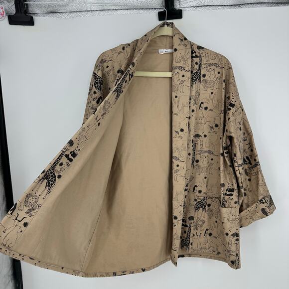 Womens RF Textile Kimono Jacket Novelty Koala Giraffe Lion Tan Artsy Boho Size L - Picture 4 of 11